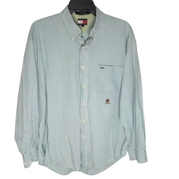 Vintage Tommy Hilfiger Shirt Mens Large Seersucker Button Down Crest Blue Stripe - Picture 2 of 13